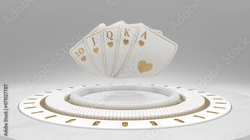 Poker Cards With Royal Flash On Luxury White Stage - 3D Illustration