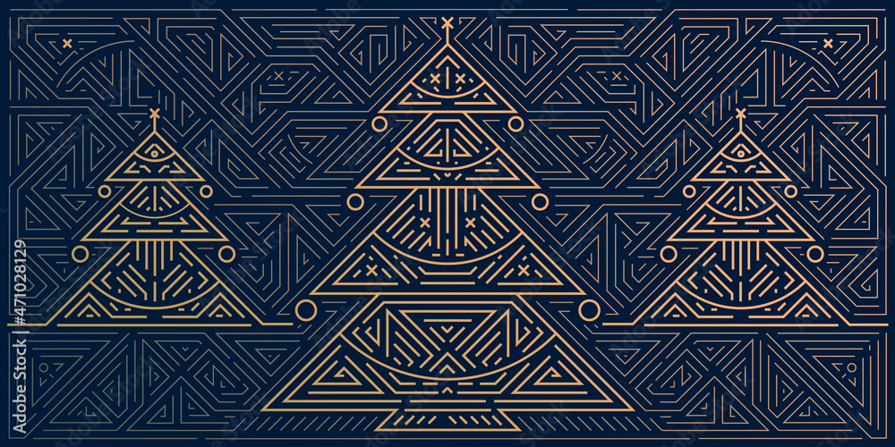 Vector Merry Christmas and Happy New Year golden greeting card, banner, poster, background. Art deco geometric christmas card on navy blue background. Linear shiny Christmas tree.