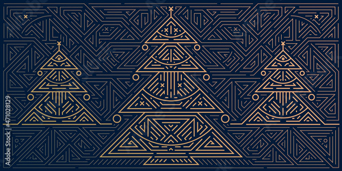 Vector Merry Christmas and Happy New Year golden greeting card, banner, poster, background. Art deco geometric christmas card on navy blue background. Linear shiny Christmas tree.