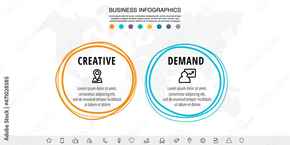 Fototapeta premium Drawn vector line infographics with 2 circles and icons. Flat chart process template with two steps. Sketch timeline for business project, presentation, web, diagram