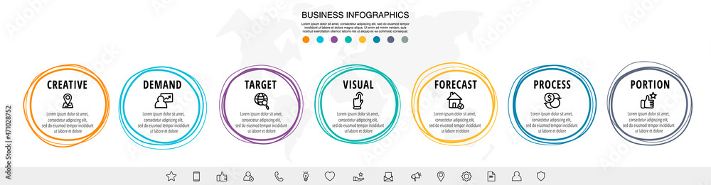 Drawn vector line infographics with seven circles and icons. Flat chart ...