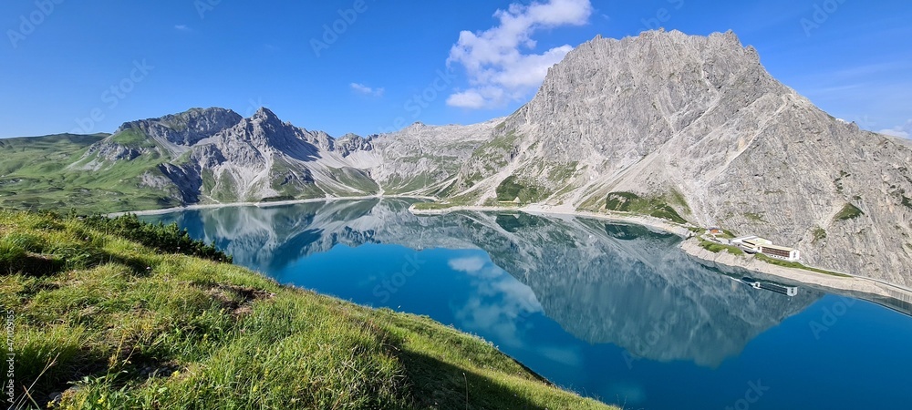 Mountains mirroring in Lunersee in the morning, Austrian Alps