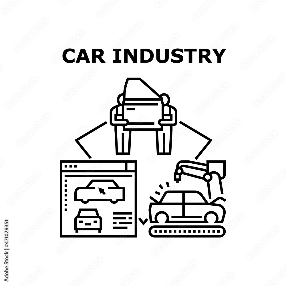 Car Industry Vector Icon Concept. Car Industry Technology And Factory, Automobile Digital Engineering And Assembly Conveyor. Mechanic Assembling Auto Transport Body Black Illustration Car Industry Vector Icon Concept. Car Industry Technology And Factory, Automobile Digital Engineering And Assembly Conveyor. Mechanic Assembling Auto Transport Body Black Illustration