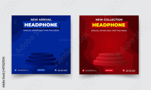 Modern and elegant red  and blue color wireless headphone or music brand product for social media post template, web banner design