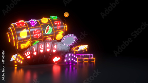 Online Casino Gambling Concept With Neon Lights, Slot Machine With Fruit Icons. Royal Flash Poker Cards And Poker Chips  - 3D Illustration