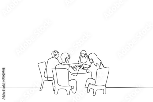 company of four friends are playing board games - one line drawing vector. girls and guys are passionate about board game sitting at round table with card