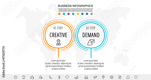 Drawn vector line infographics with 2 circles and icons. Flat chart process template with two steps. Sketch timeline for business project, presentation, web, diagram