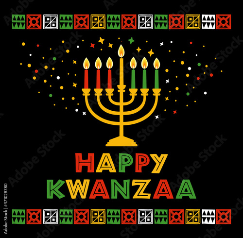 Vector illustration of Kwanzaa. Holiday african symbols with lettering, candles on black background. photo