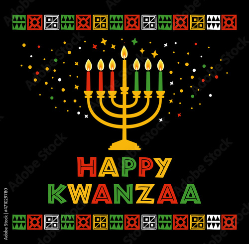 Vector illustration of Kwanzaa. Holiday african symbols with lettering, candles on black background.