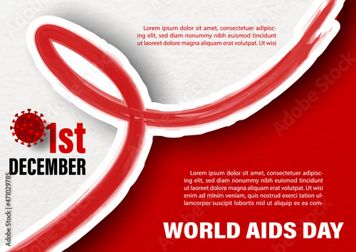 Big red ribbon in brush style with the day and name of event, example texts on red and white background. World AIDS Day card and poster campaign in paper cut style and vector design.
