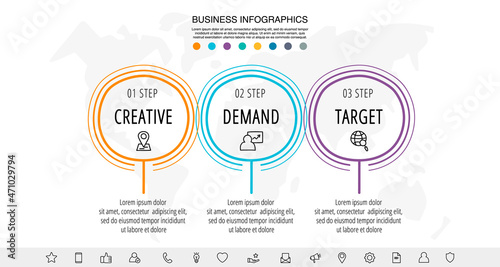 Drawn vector line infographics with three circles and icons. Flat chart process template with 3 steps. Sketch timeline for business project, presentation, web, diagram