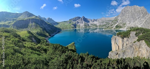 Mountains mirroring in Lunersee in the morning, Austrian Alps