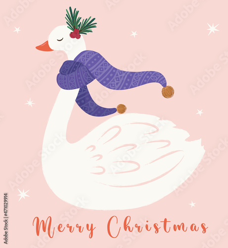 Beautiful swan illustration. Christmas cartoon vector. Cute bird from winter tale. Cute drawing for Christmas cards, t shirt-paper prints.