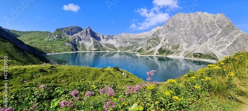 Mountains mirroring in Lunersee in the morning, Austrian Alps