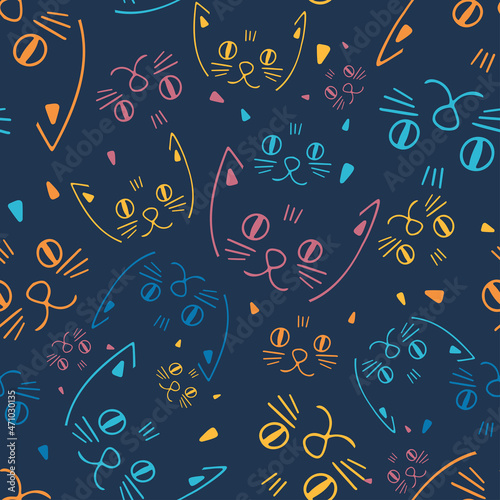 Seamless colorful vector pattern design of lined ornamental cartoon abstract cats snouts