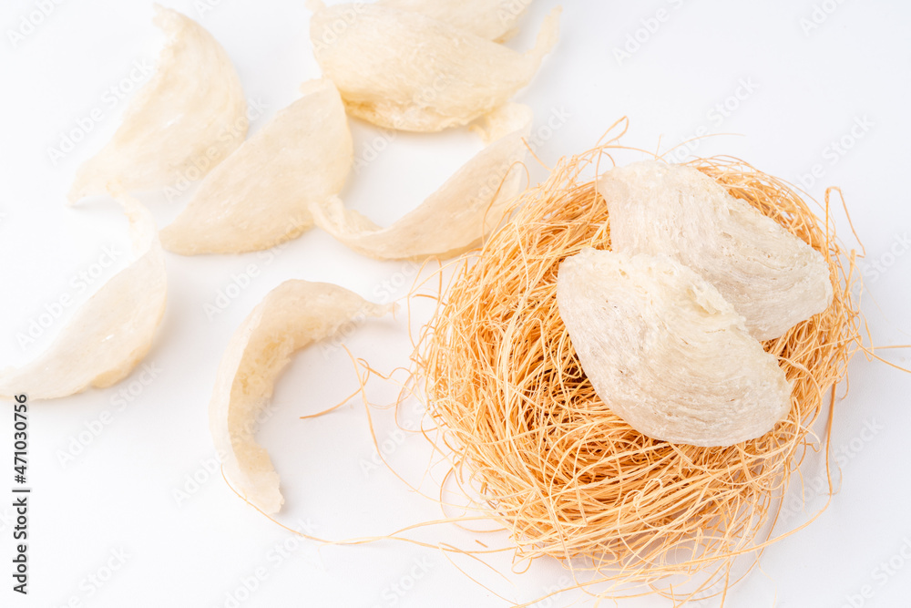 Top Grade edible bird nest shoot on white background with negative