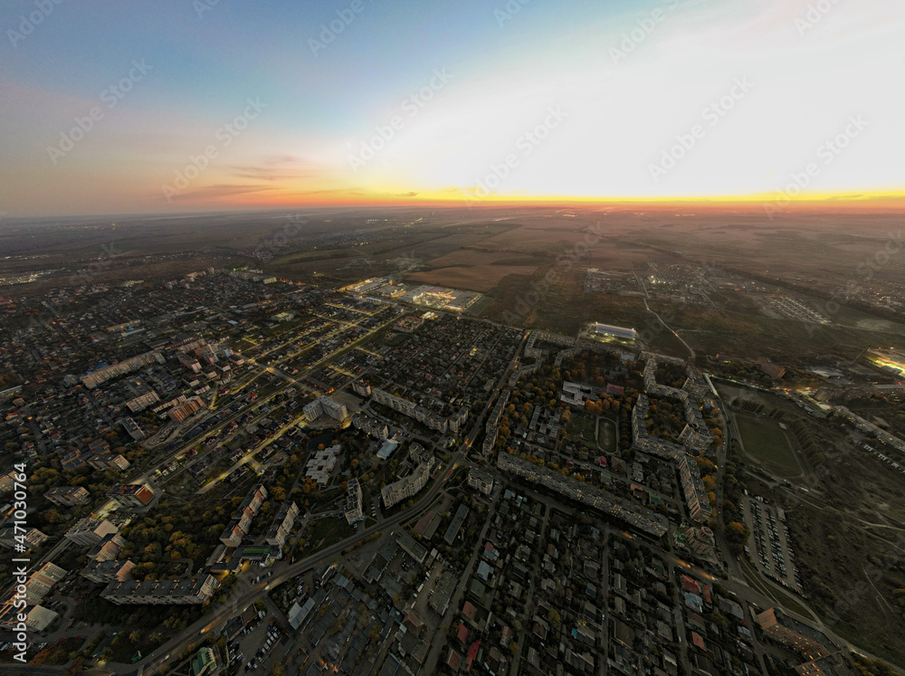 Aerial sunset in city