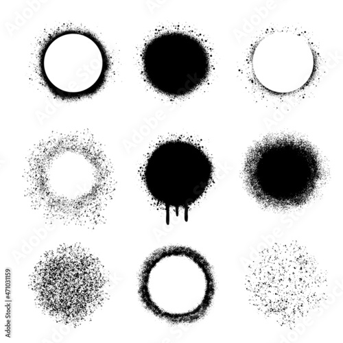 Set circle frame with spray effect. Graffiti ink texture. Border of grunge dots. Airbrush ink dot banner. Spray brush background. Vector isolated illustration.