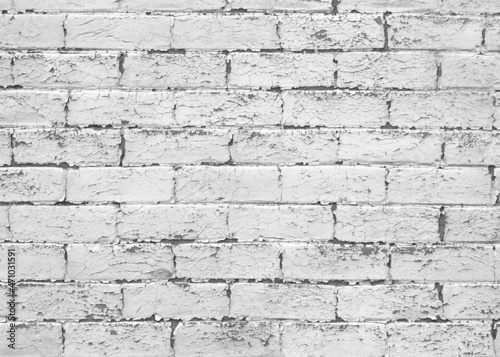 White brick wall. Grunge old brick room textured background for wallpaper and graphic web design. Surface of gray brick wall horizontal. Cement texture for pattern and backdrop.