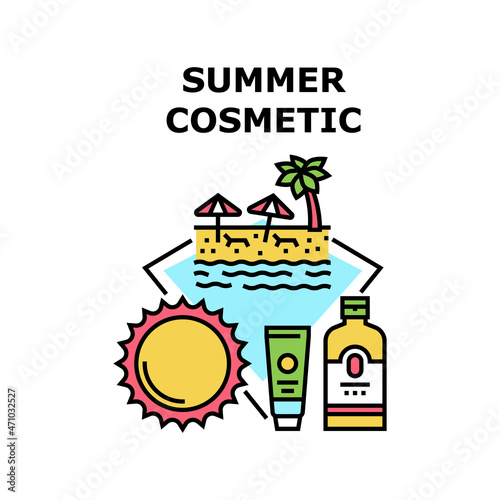 Summer Cosmetic Vector Icon Concept. Sunscreen Cream And Lotion Bottle And Tube Packages, Summer Cosmetic For Skin Care And Protect, Resting Vacation On Sandy Beach Color Illustration © vectorwin