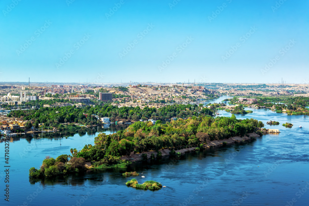 Stunning view of the Nile River with Aswan, Egypt in the background