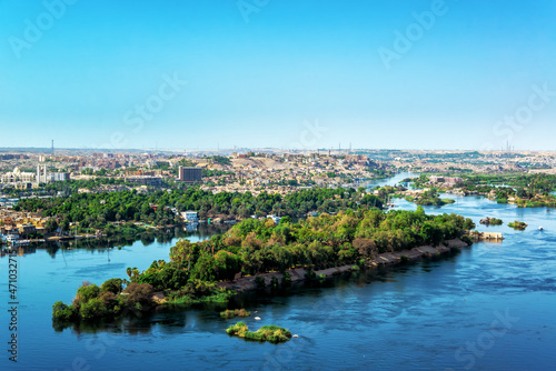 Stunning view of the Nile River with Aswan, Egypt in the background
