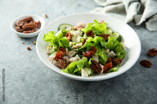 Green salad with chicken, pecan and sun dried tomatoes © marysckin