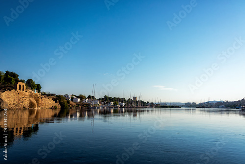 Early morning view of the Nile River in Aswan, Egypt