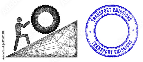Carcass irregular mesh man rolling tire up icon with Transport Emissions dirty round stamp seal. Abstract lines form man rolling tire up picture.