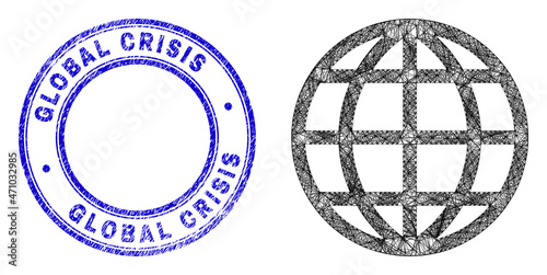Network irregular mesh global icon, and Global Crisis unclean round seal print. Abstract lines form global object. Blue stamp seal contains Global Crisis title inside circle form.