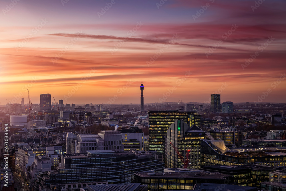 Aerial view of the urban London skyline during a beautiful winter sunset, England