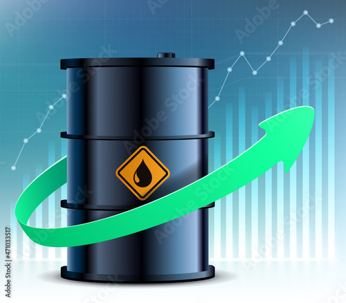 Barrel of oil with growing up green arrow