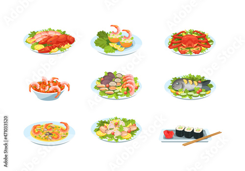 Seafood dishes plates set. Traditional Asian food cuisine with sushi, lobster, salmon, shrimp soup