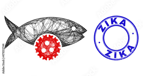 Network irregular mesh fish virus icon, and Zika rubber round stamp seal. Abstract lines form fish virus illustration. Blue seal has Zika tag inside round form.