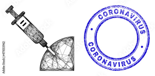Carcass irregular mesh inoculation icon with Coronavirus Vaccination corroded round stamp seal. Abstract lines form inoculation object.