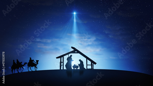 Christmas Nativity Scene with animals and wise men on starry sky