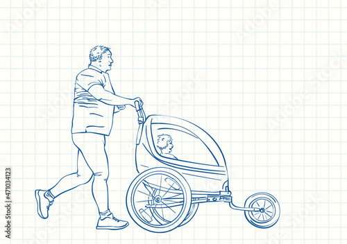 Man running with child in jogging stroller, Blue pen sketch on square grid notebook page, Hand drawn vector linear illustration