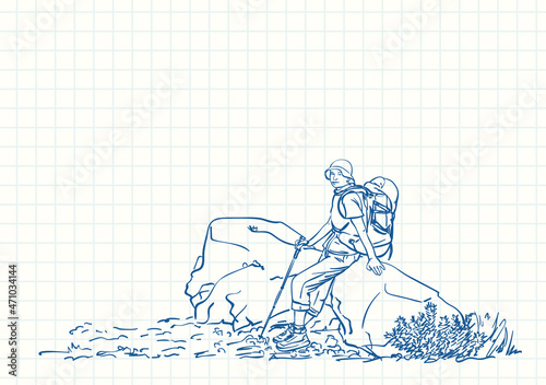 Female trekker with backpack sitting and resting on big rock, Blue pen sketch on square grid notebook page, Hand drawn vector linear illustration