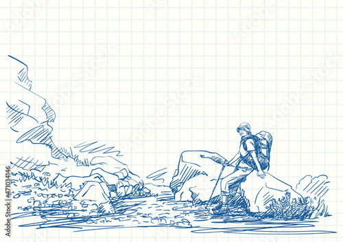Female trekker with backpack sitting and resting on big rock, Blue pen sketch on square grid notebook page, Hand drawn vector illustration