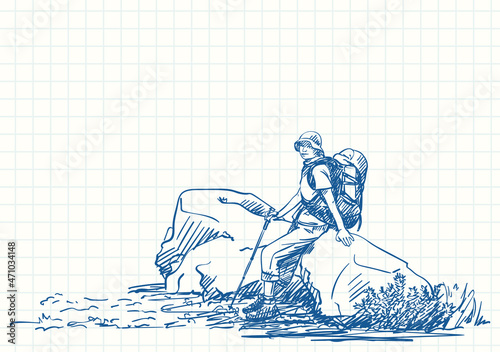 Female trekker with backpack sitting and resting on big rock, Blue pen sketch on square grid notebook page, Hand drawn vector illustration