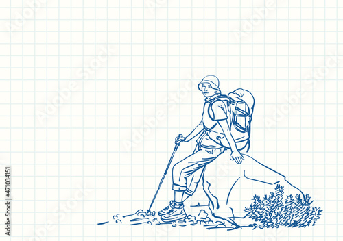 Female trekker with backpack sitting and resting on big rock, Blue pen sketch on square grid notebook page, Hand drawn vector linear illustration