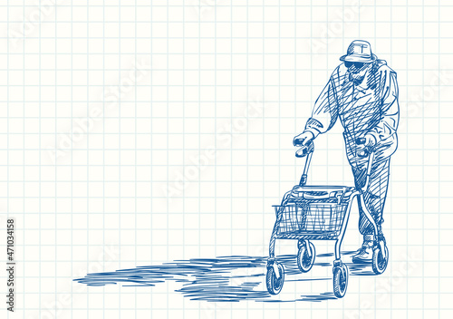 Elderly woman walking with her walker wheel chair, Blue pen sketch on square grid notebook page, Hand drawn vector illustration
