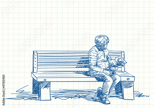 Old woman and her dog sitting on bench, Blue pen sketch on square grid notebook page, Hand drawn vector illustration
