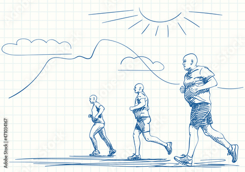 People running outdoor with mountain background, Blue pen sketch on square grid notebook page, Hand drawn vector illustration