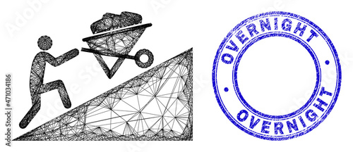 Network irregular mesh move up wheelbarrow icon, and Overnight Delivery scratched round seal print. Abstract lines form move up wheelbarrow illustration.