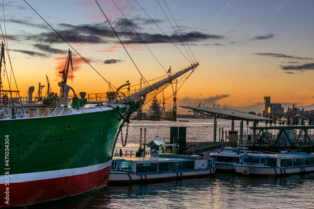 View to the touristic area of the port of Hamburg after sunset