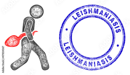 Hatched irregular mesh guy steal sperm icon, and Leishmaniasis grunge round stamp seal. Abstract lines form guy steal sperm object. Blue seal contains Leishmaniasis caption inside round form.