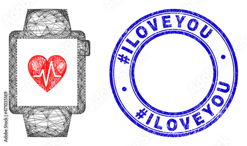 Wire frame irregular mesh heart pulse tracker icon with #Iloveyou unclean round stamp seal. Abstract lines are combined into heart pulse tracker object. photo