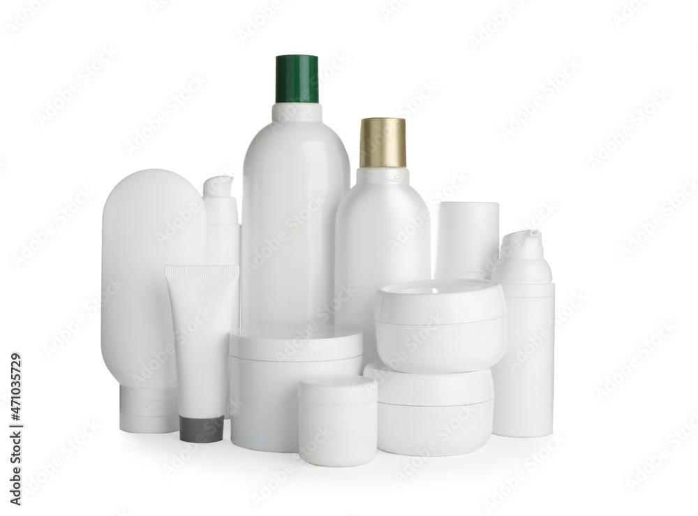 Many different cosmetics products on white background Many different cosmetics products on white background