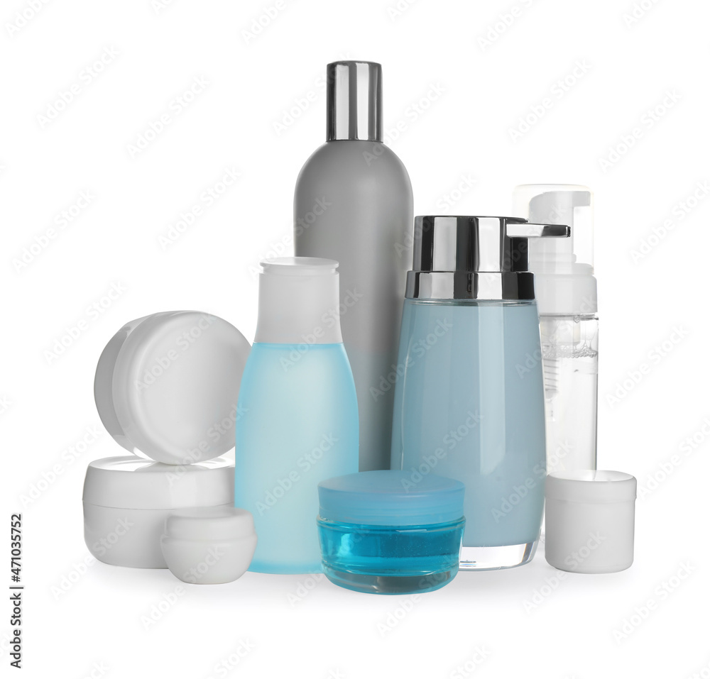 Many different cosmetics products on white background Many different cosmetics products on white background